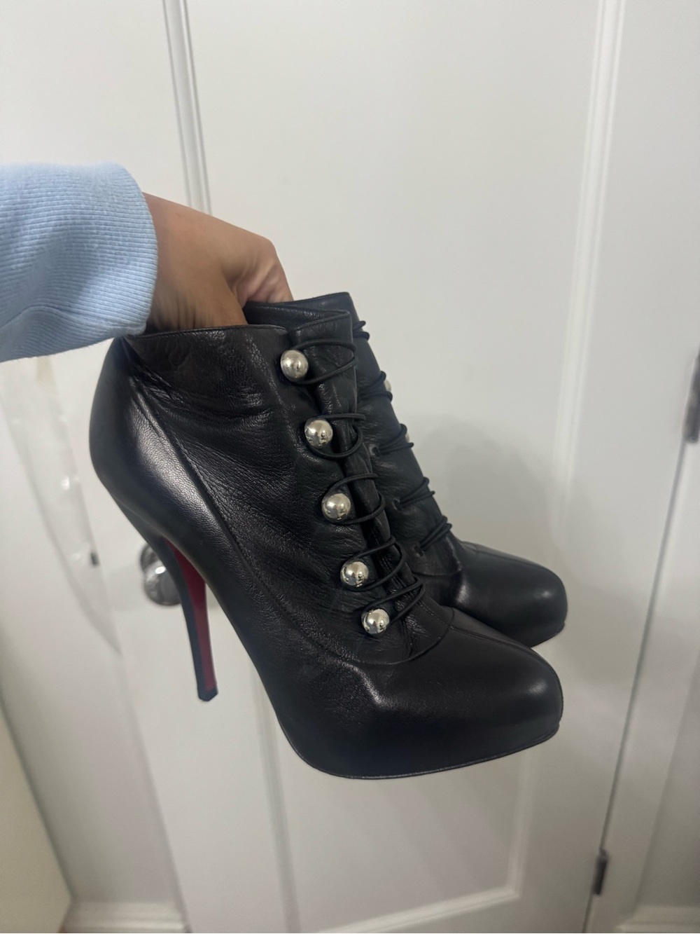 Christian Louboutin Black Leather Lace-Up Ankle Boots with Silver Studs